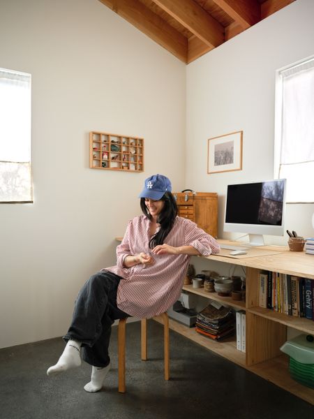 In the Cypress Park section of Los Angeles, Hunter Knight designed and built an urban infill project consisting of a single-family residence and an attached ADU. Tenant Hannah Go, a designer, fabricated the desk/shelving unit in the office that she and her fiancé, Rami Jrade, a songwriter and producer, share when working from home.