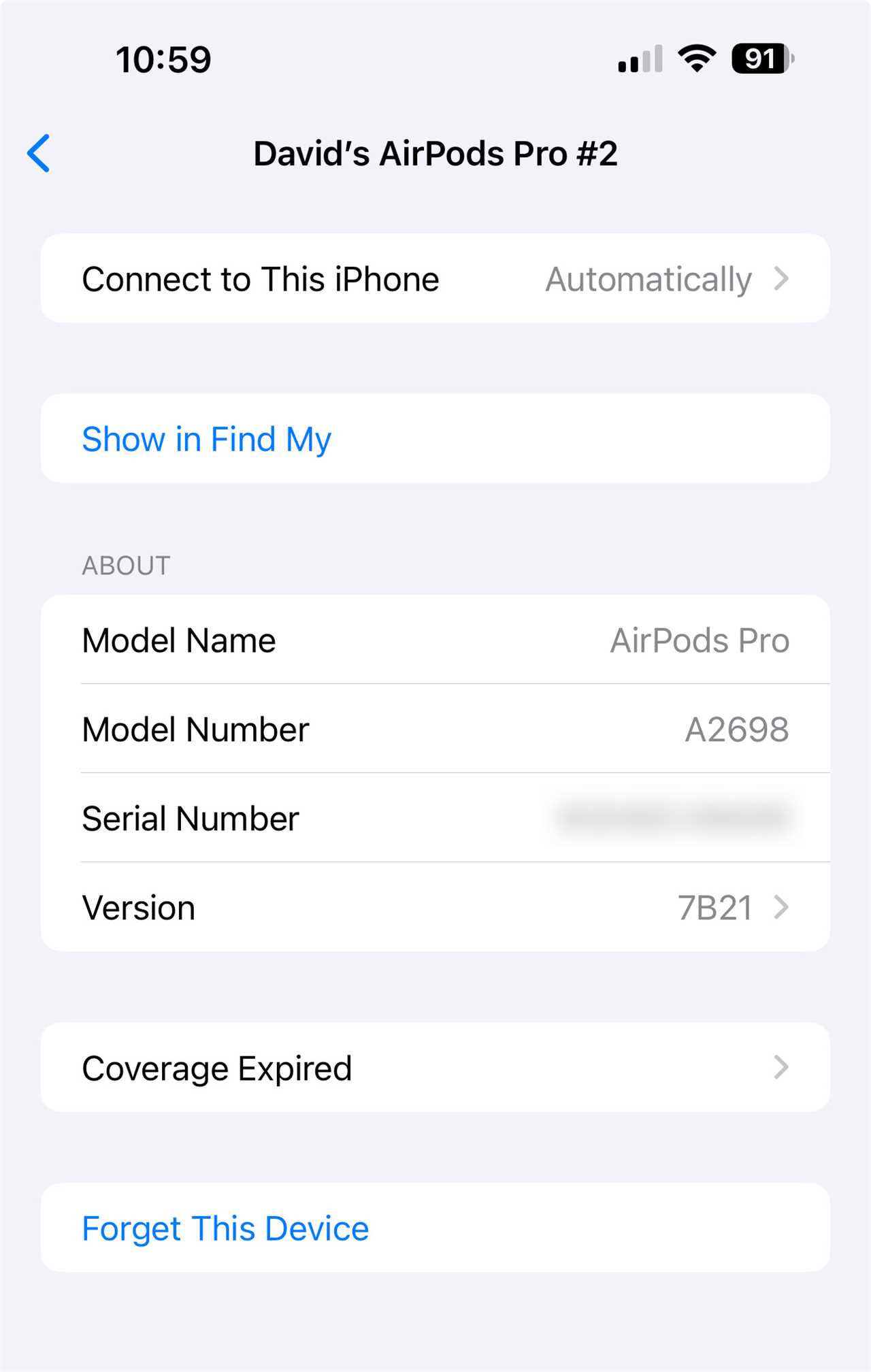 AirPods Pro firmware version in Settings