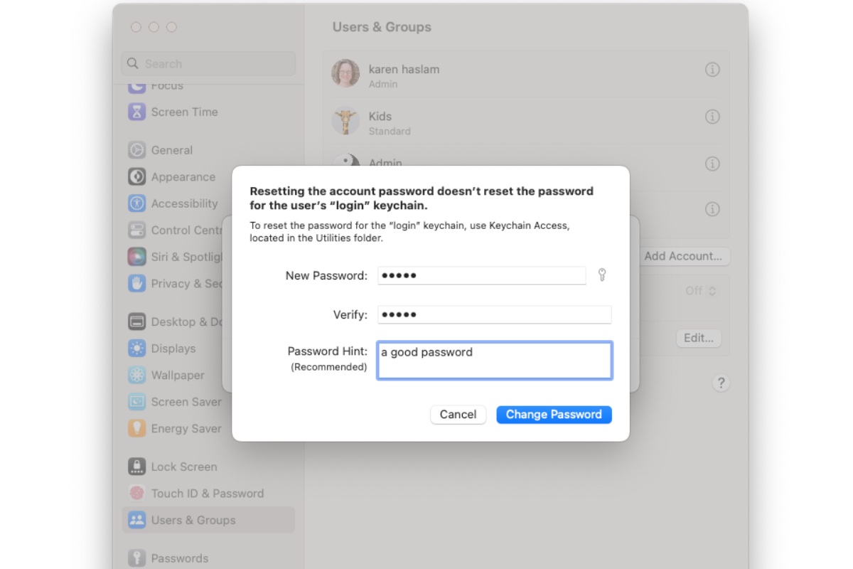 Change password Mac another user