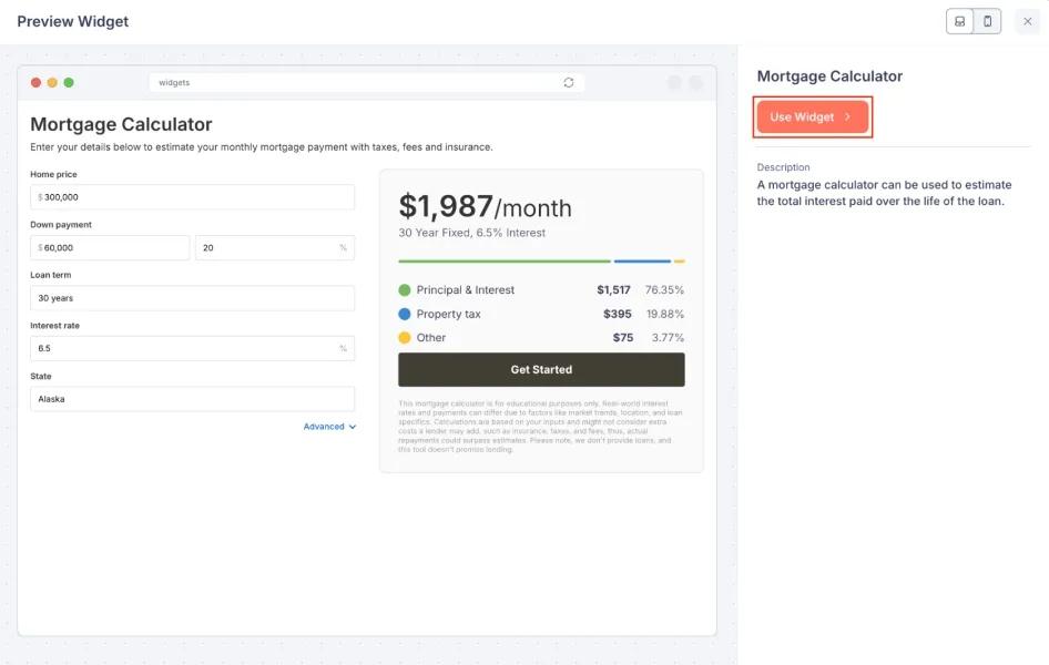 Preview of mortgage calculator widget to add to website using Fello.
