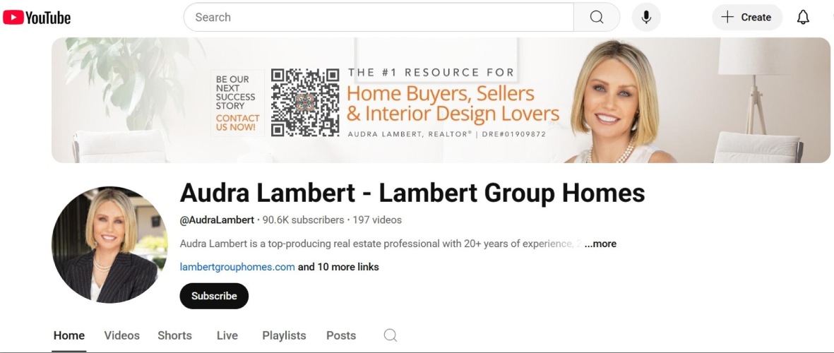 YouTube home page for Audra Lambert.