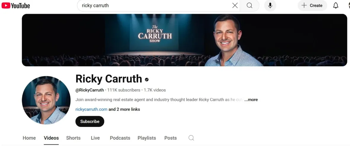 YouTube home page for Ricky Carruth.
