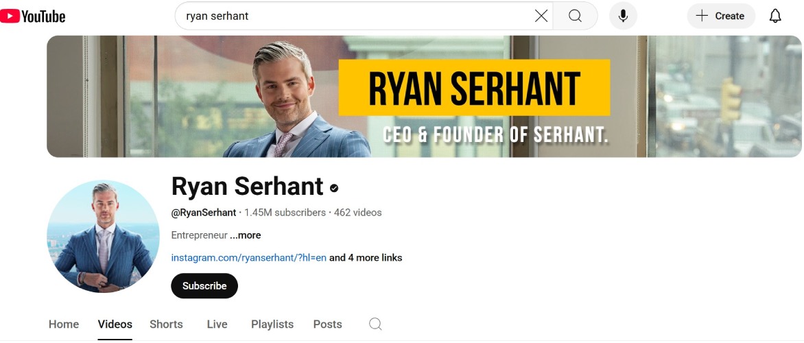 YouTube home page for Ryan Serhant.