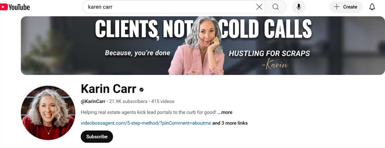 YouTube home page for Karin Carr.