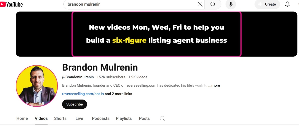 YouTube home page for Brandon Mulrenin.