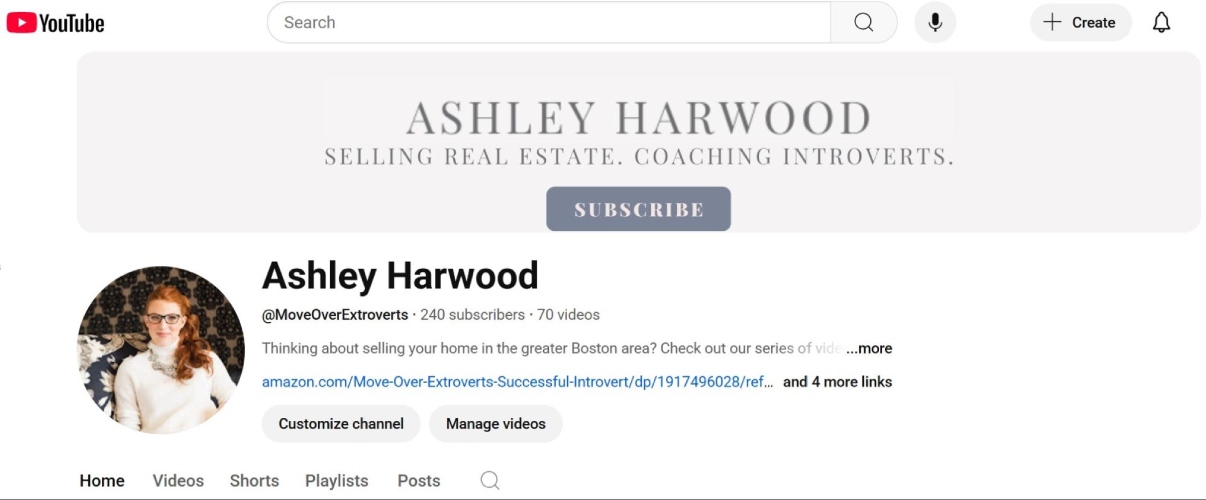 YouTube home page for Ashley Harwood.