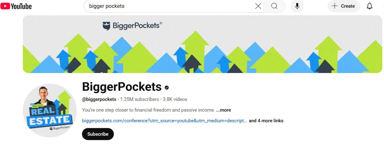 YouTube home page for Bigger Pockets.