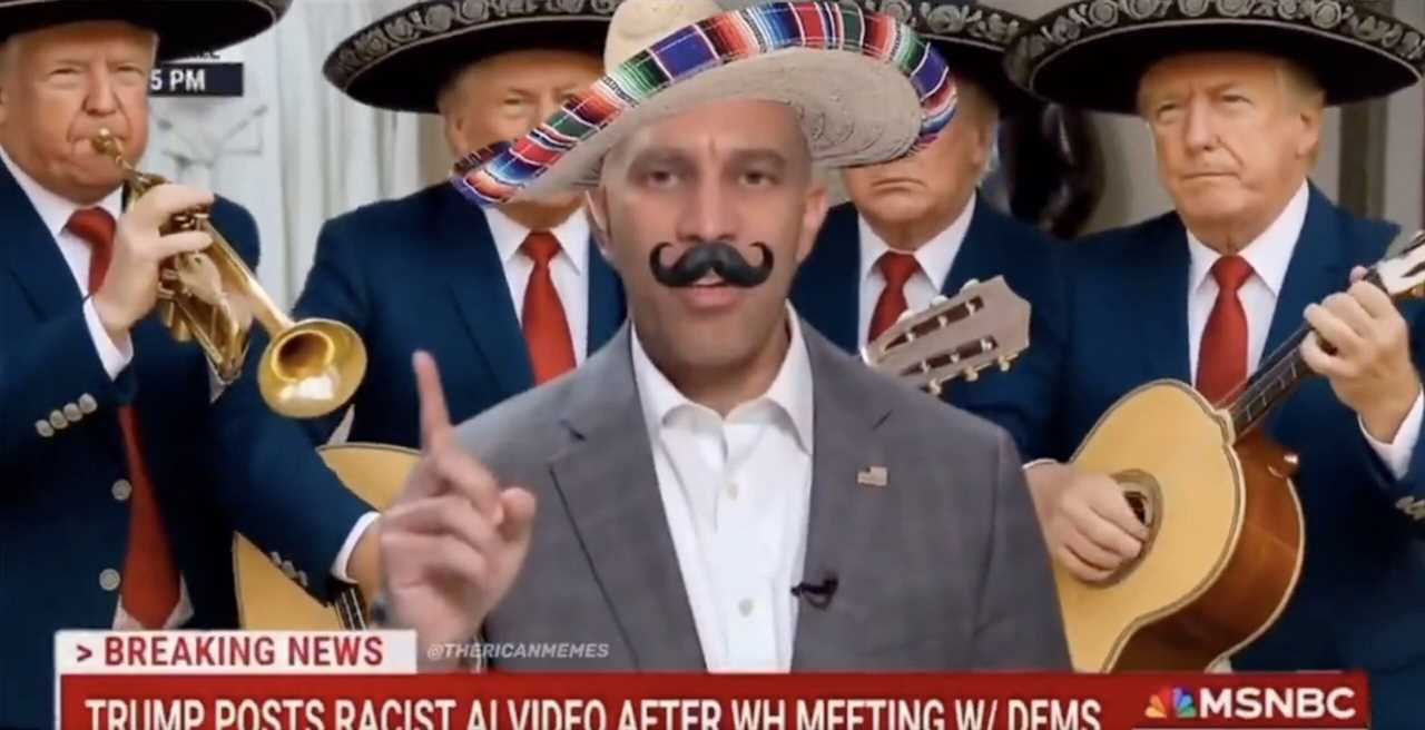 A man with a fake mustache and sombrero gestures while surrounded by musicians playing traditional Mexican instruments, referencing a controversial video involving Donald Trump.