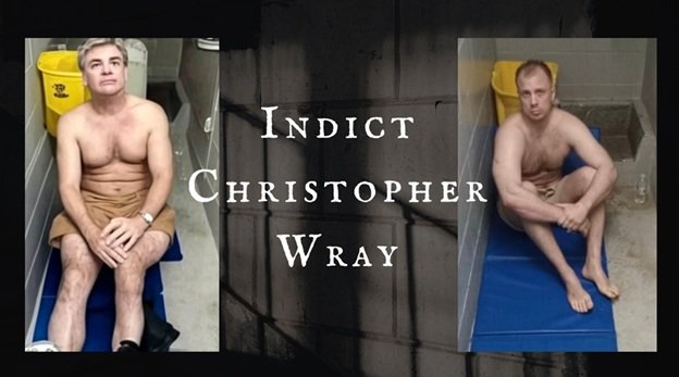 Image depicting two shirtless men sitting on benches in a stark environment, with the text urging to indict Christopher Wray prominently displayed.