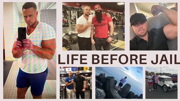 Collage showcasing moments from a man's life before incarceration, featuring gym selfies, friends, and leisure activities.