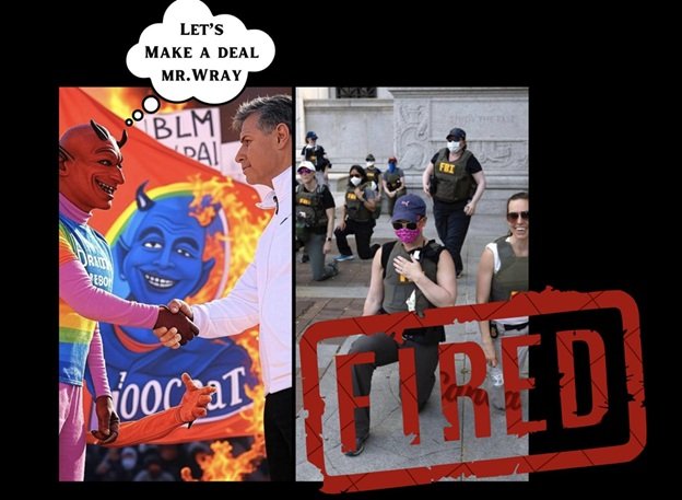 Collage depicting a colorful festival scene on the left and a law enforcement gathering on the right, with the word "FIRED" prominently displayed.