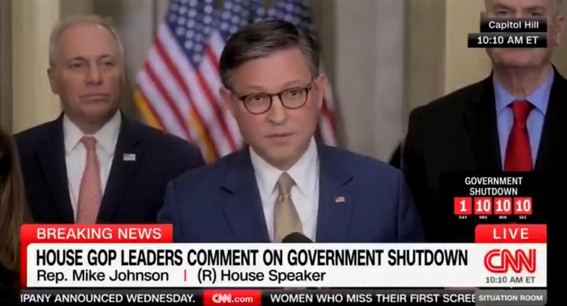 House GOP leaders, including Rep. Mike Johnson, address the media on Capitol Hill regarding the impending government shutdown.