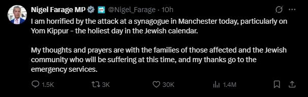 Tweet from Nigel Farage expressing horror over a synagogue attack in Manchester on Yom Kippur, offering condolences to affected families and thanking emergency services.