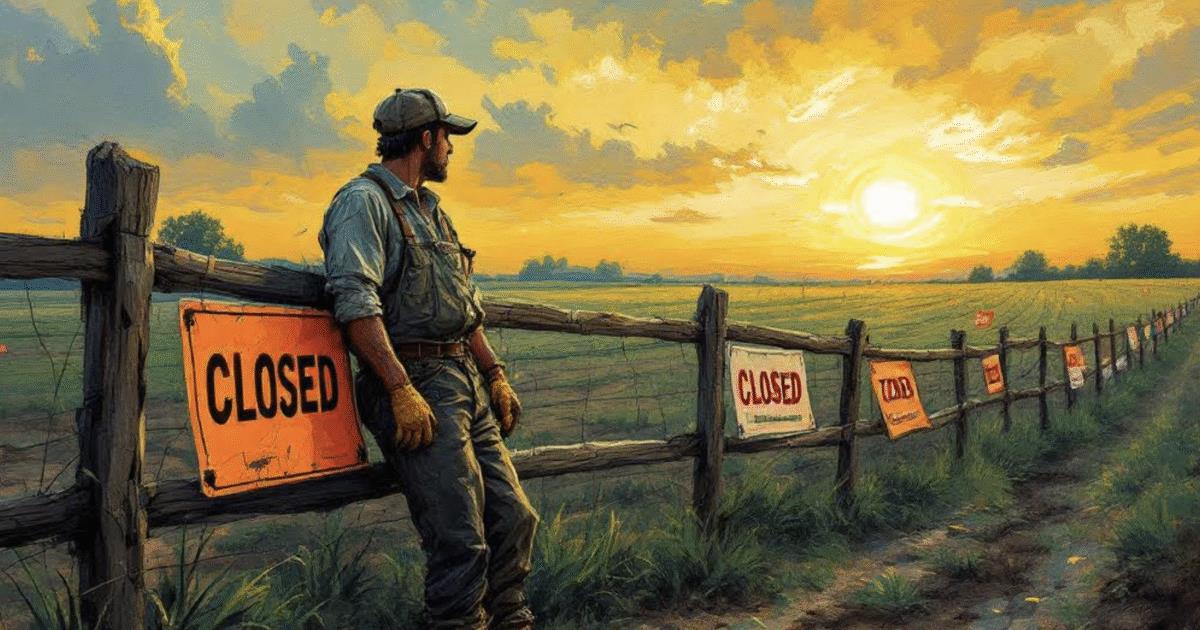A farmer stands by a closed fence at sunset, reflecting on the landscape with "closed" signs marking the boundaries of the field.