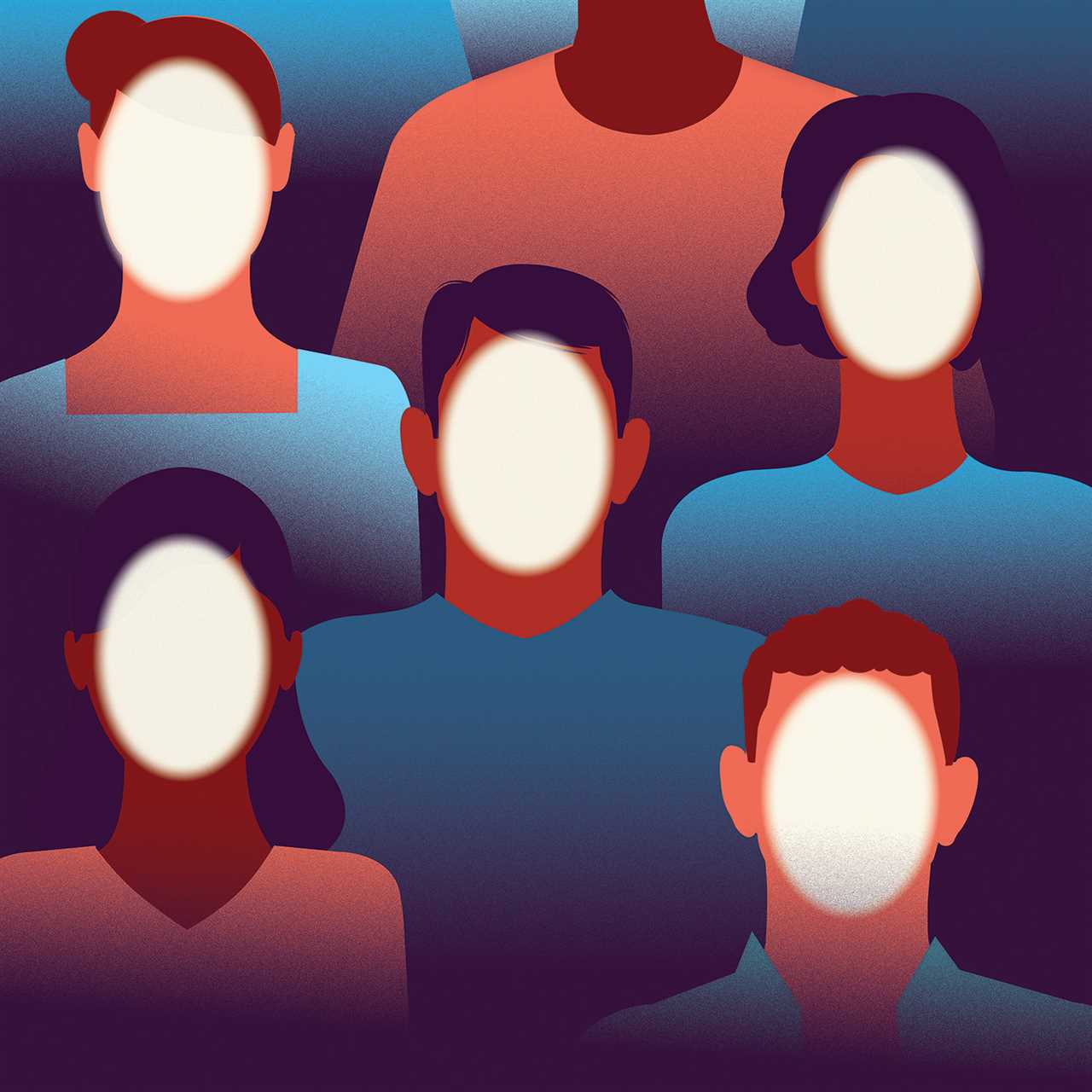 a crowd of people with their faces obscured by a bright glow