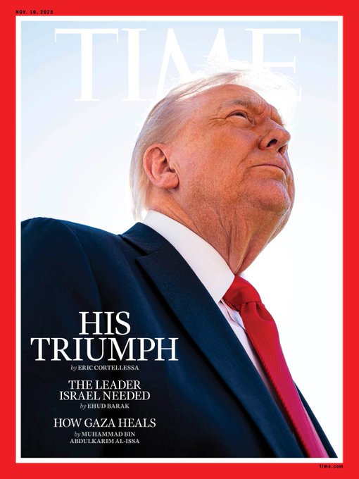 Time magazine cover featuring Donald Trump looking upward, with a red border and headlines discussing his leadership and insights on Israel and Gaza.