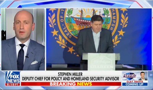 Stephen Miller discusses policy issues alongside an official at a press conference, with a focus on homeland security matters, during a Fox News broadcast.