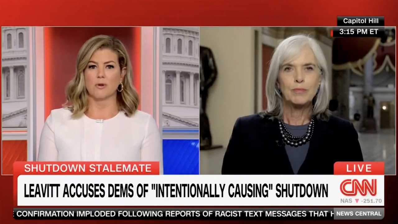 CNN hosts discuss the ongoing government shutdown, featuring statements from Leavitt about Democratic party actions, broadcast live from Capitol Hill.