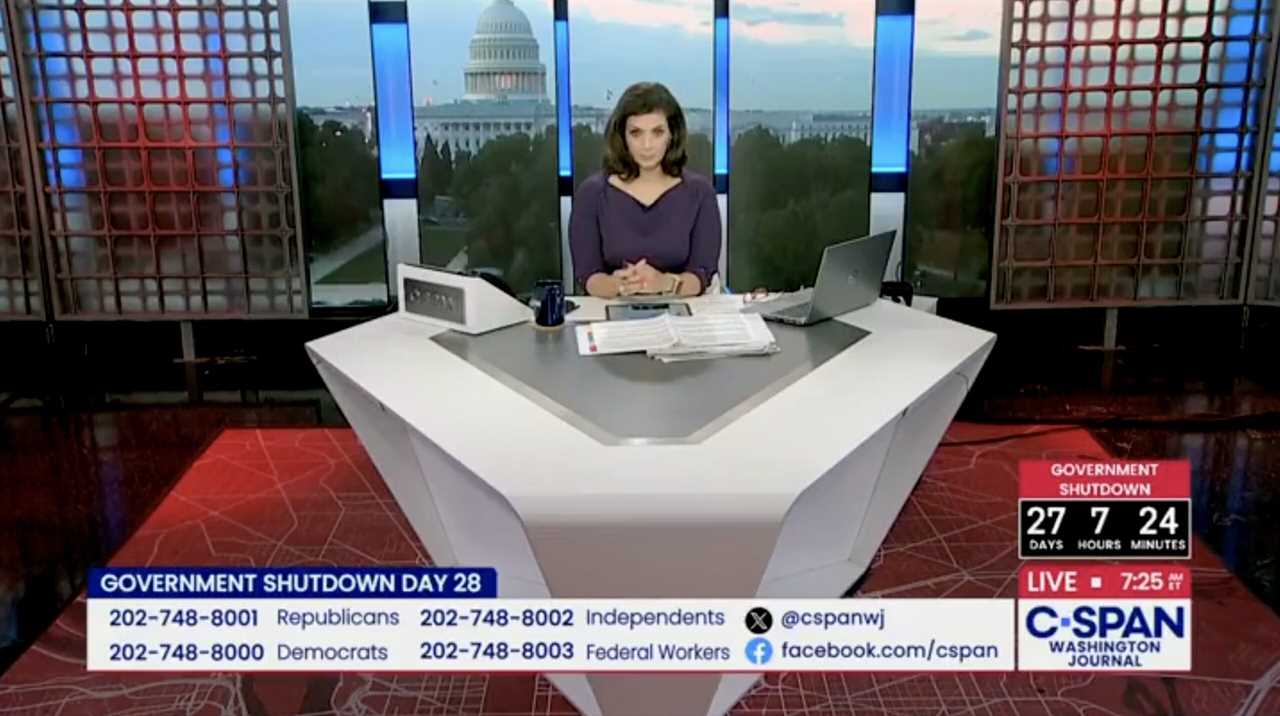 C-SPAN host discusses Government Shutdown Day 28 with the U.S. Capitol in the background, featuring a live countdown and viewer call-in information.