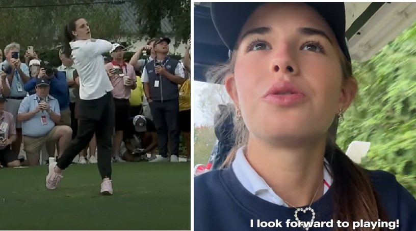 Young female golfer swings at a tournament while fans watch eagerly, showcasing the excitement of the sport and the athlete's passion for playing.