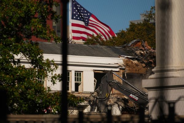 The facade of the East Wing of the White House was demolished by work crews on October 21, 2025 in Washington, DC. The demolition is part of U.S. President Donald Trump's plan to build a ballroom reportedly costing $250 million on the eastern side of the White House.