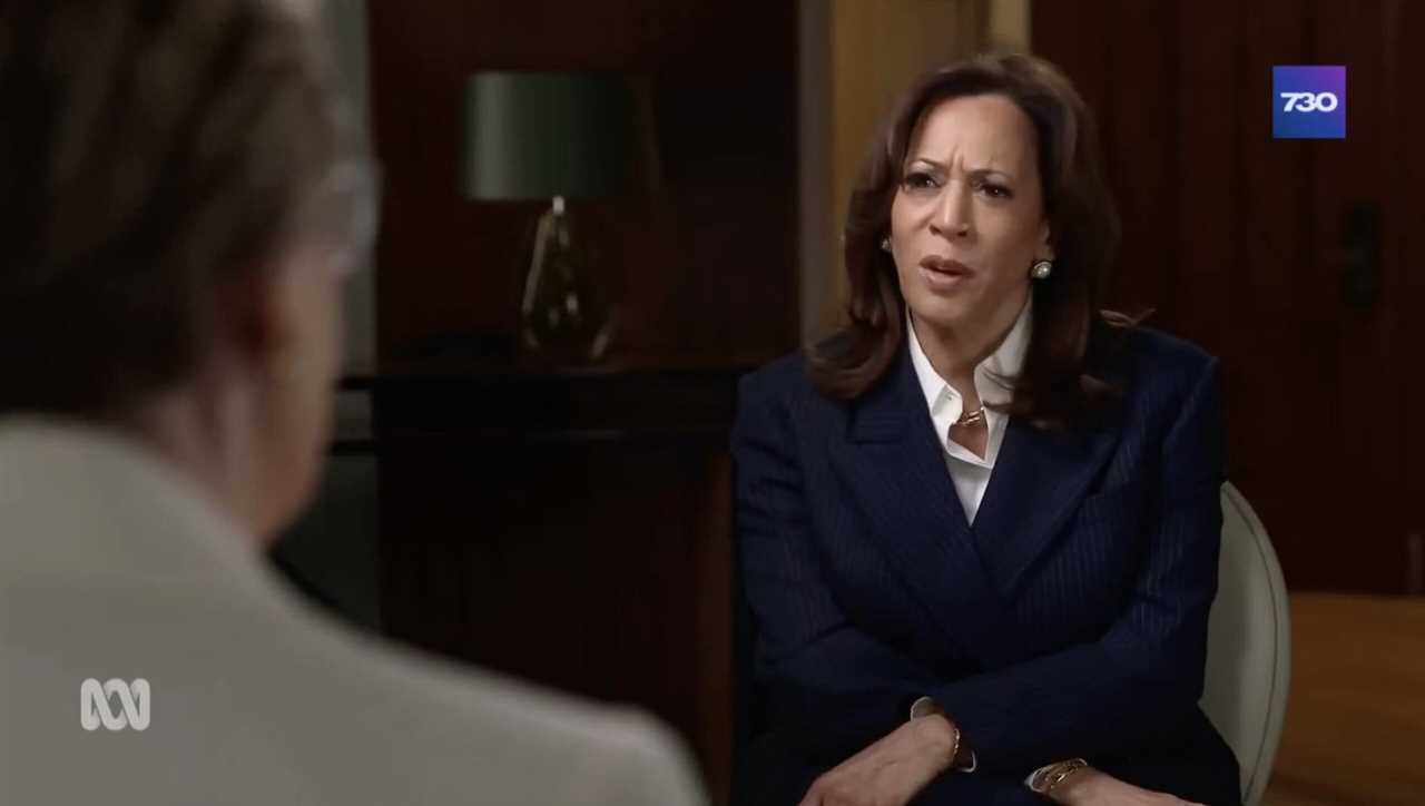 Kamala Harris engaged in an interview, expressing curiosity and concern, while seated in a professional setting with a modern decor background.