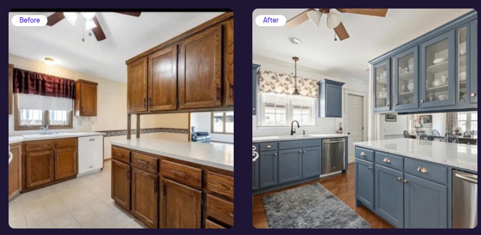 Before picture of an outdated kitchen beside an after picture of an updated kitchen.