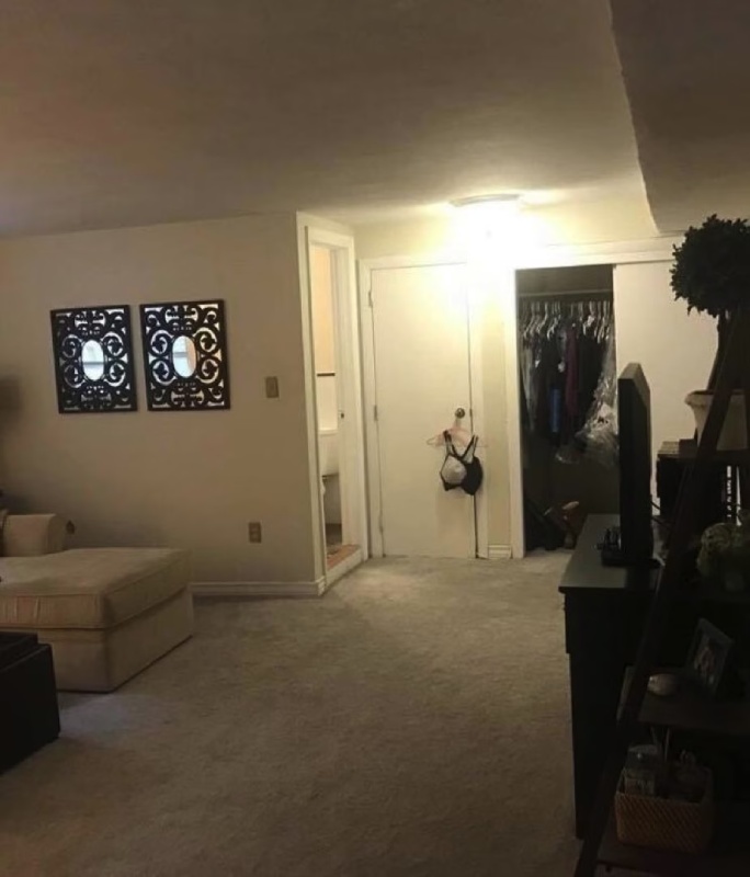 Bedroom photograph highlighting a closet with intimate items hanging on the door.