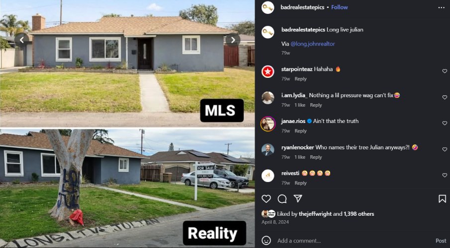 MLS listing photo vs reality photo with a tree and graffiti removed from the front of the home.