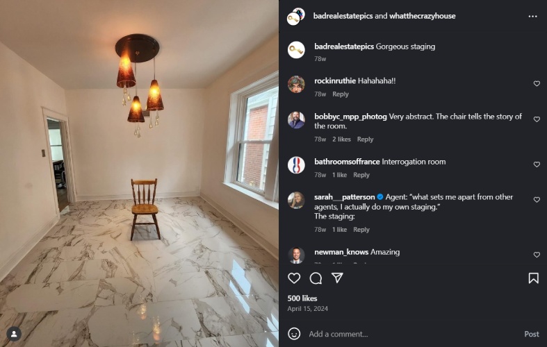 Wooden chair sitting in the middle of an empty dining room.