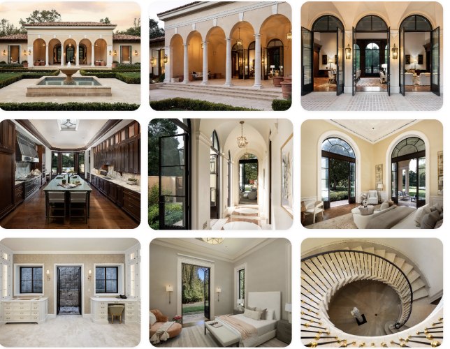 Collage of enhanced listing photographs in different rooms of a unique home.