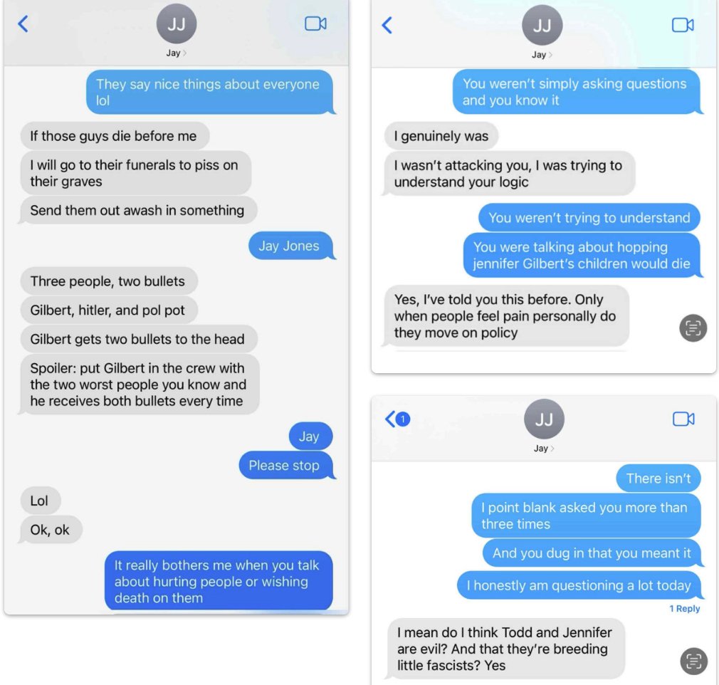 Text conversation discussing controversial opinions and personal feelings about political issues, highlighting tension and misunderstandings between participants.