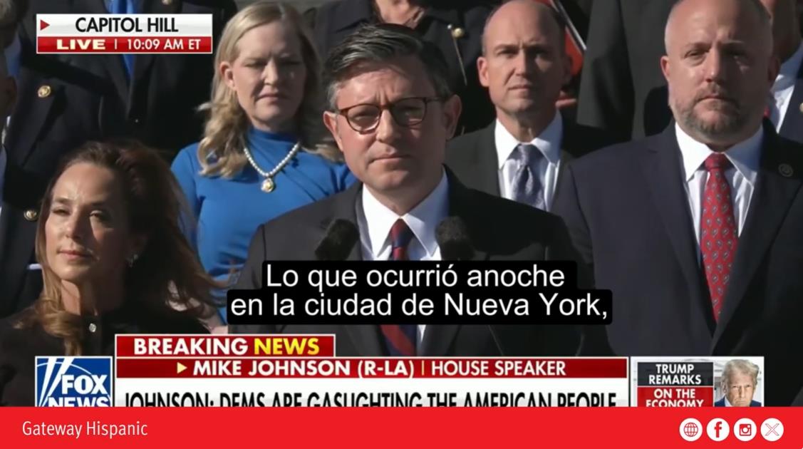 Mike Johnson, House Speaker, addresses reporters on Capitol Hill about recent events in New York City, flanked by fellow officials during a live broadcast.