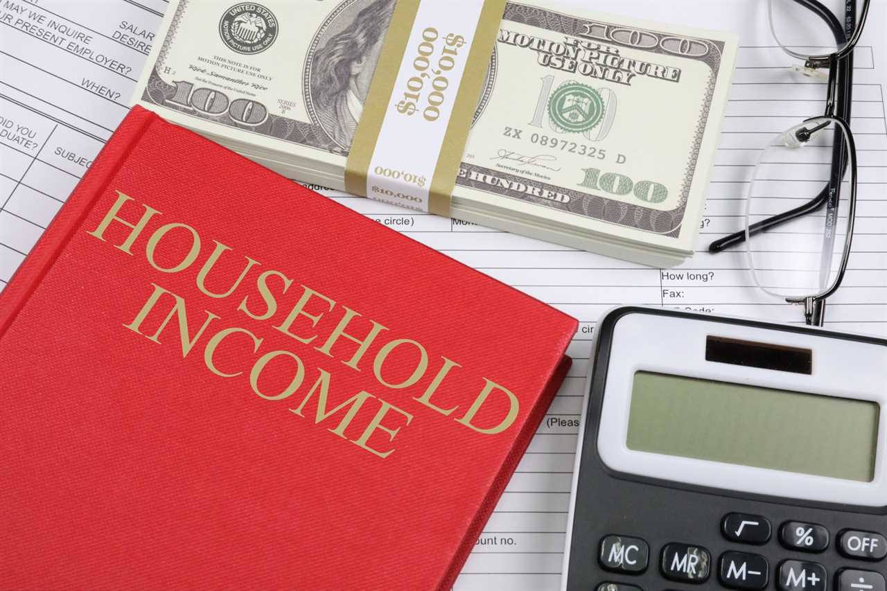 Red book titled "Household Income" beside a stack of cash, a calculator, and paperwork for financial planning.