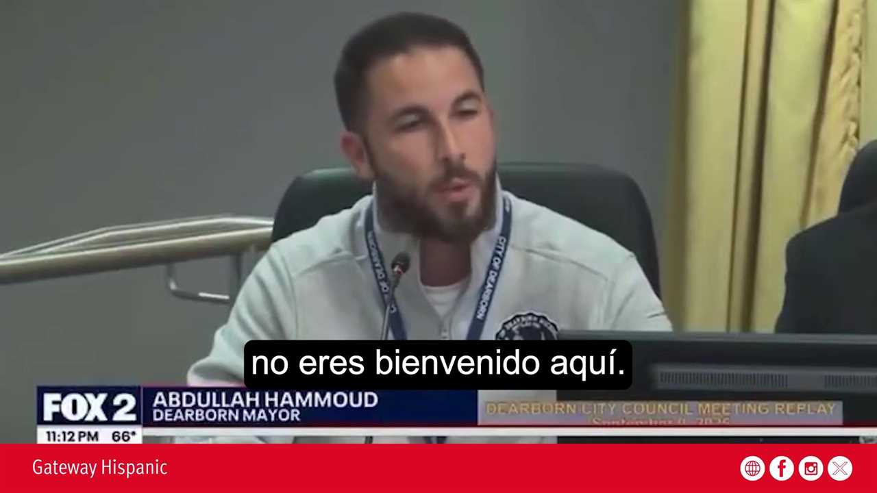Abdullah Hammoud, Mayor of Dearborn, addresses the city council, highlighting important community issues during a public meeting broadcasted on Fox 2.
