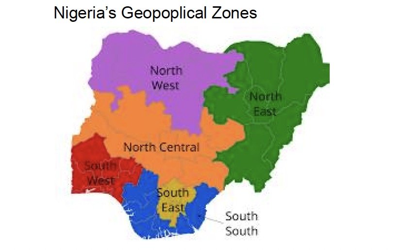 Map of Nigeria highlighting its six geopolitical zones: North West, North East, North Central, South West, South East, and South South.