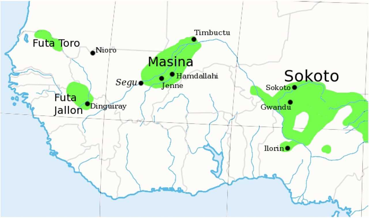 Map showing regions of Futa Toro, Futa Jallon, Masina, and Sokoto in West Africa, highlighting key locations and waterways.