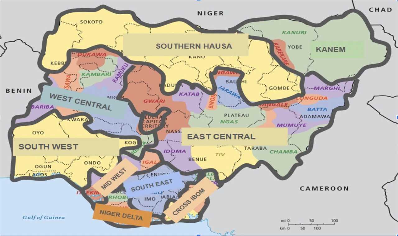 Map of Nigeria highlighting various regions and ethnic groups, including Southern Hausa, West Central, South West, and Niger Delta, with boundaries clearly delineated.