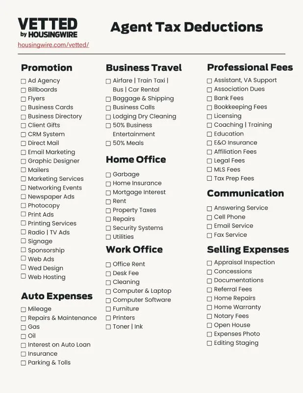 Screenshot of the Agent Tax Deductions downloadable checklist.
