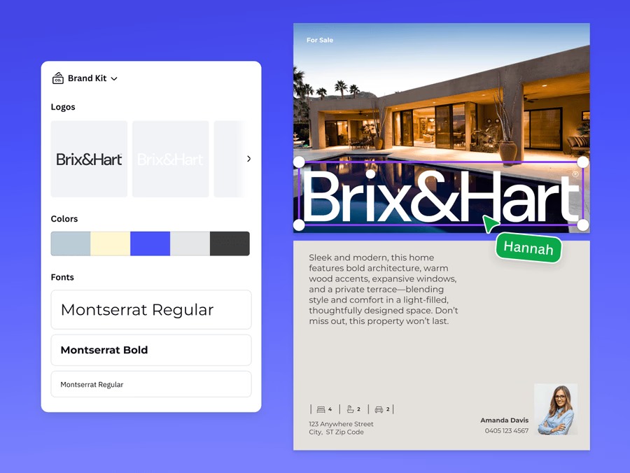 Branding color pallette to the left with branding logo and bio to the right.