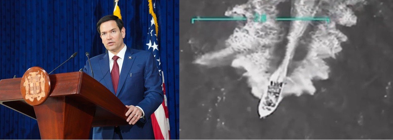 Senator Marco Rubio speaks at a podium with U.S. flags, alongside an aerial view of a boat in motion on the water.