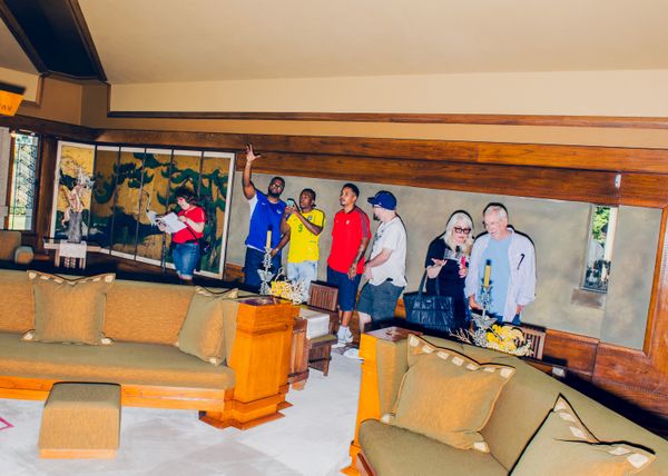 Wright designed furnishings, rugs and art-glass windows for the home and procured antique screens during his time overseeing the construction of his Imperial Hotel in Tokyo.