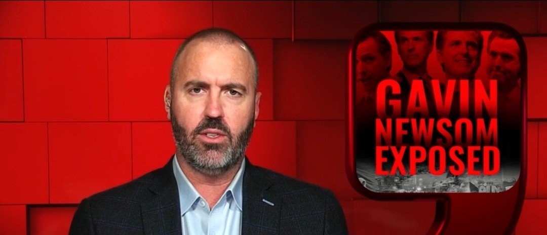 Man with a beard speaking in front of a red background, featuring the text "Gavin Newsom Exposed" alongside images of multiple men.