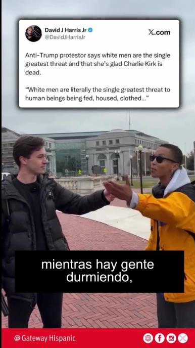 Two men engage in a heated debate in front of a government building, with a Twitter post displayed about anti-Trump sentiments and societal issues.