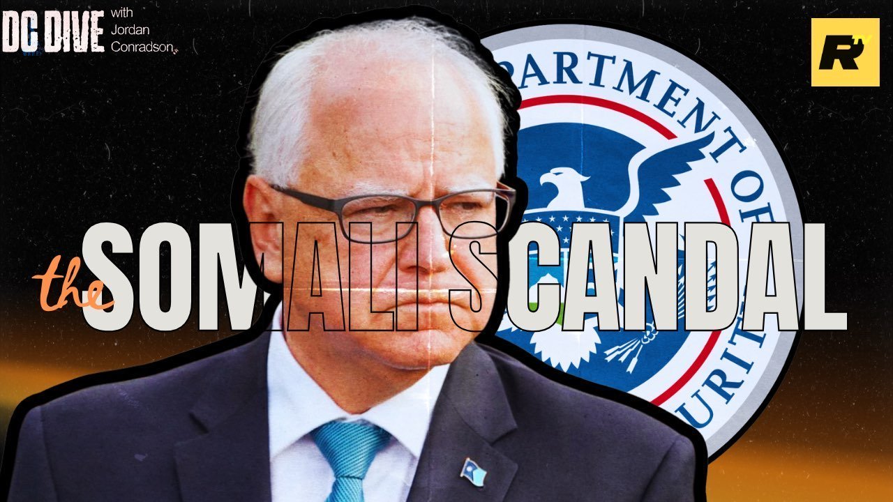 Image featuring a serious man in glasses, overlaid with text about the Somali scandal and the Department of Homeland Security logo, highlighting a political discussion.
