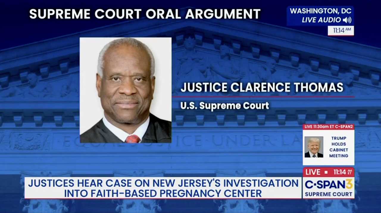 Supreme Court oral arguments featuring Justice Clarence Thomas discussing New Jersey's investigation into faith-based pregnancy centers.