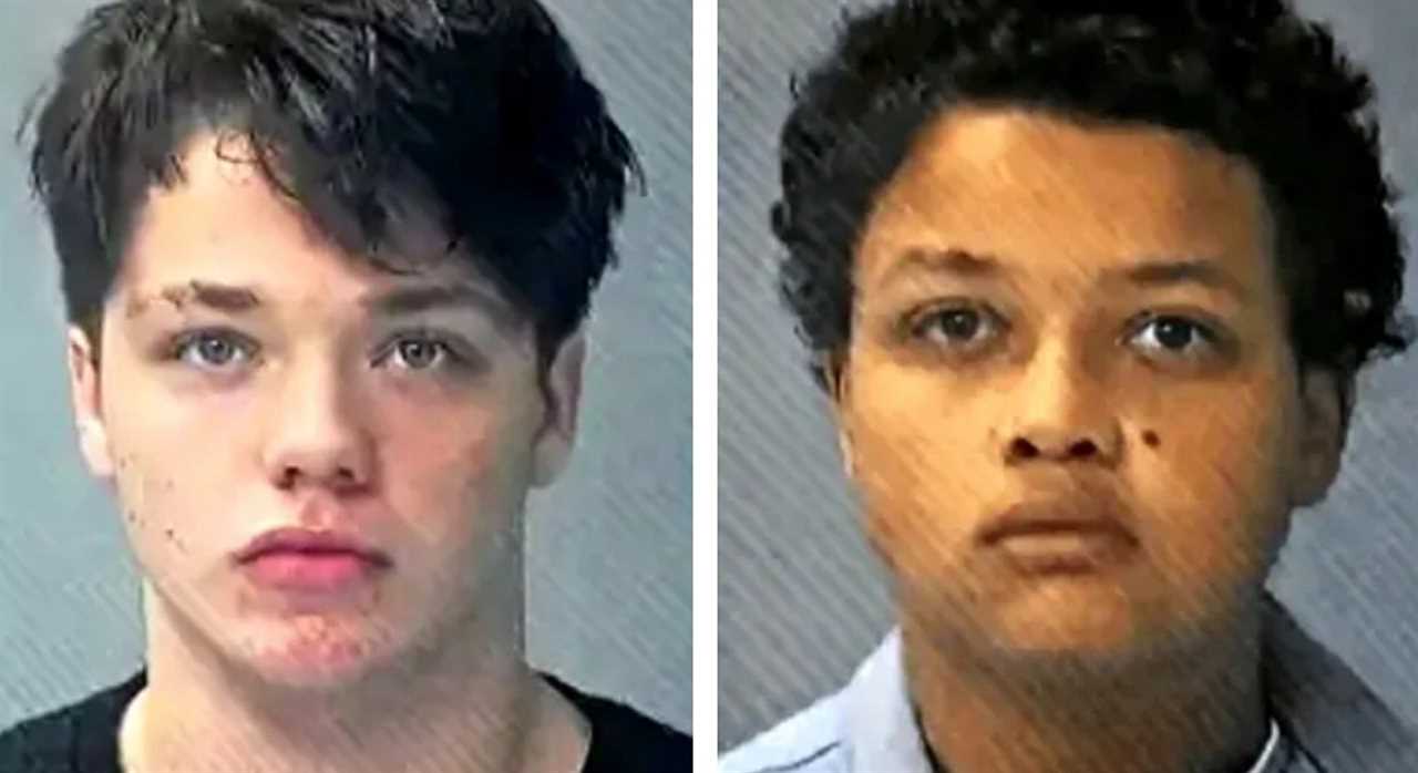 Mugshots of two individuals, one with dark hair and the other with curly hair, both facing the camera against a neutral background.