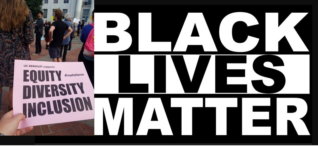 Participants at a UC Berkeley rally hold signs advocating for equity, diversity, and inclusion, alongside a prominent display of the Black Lives Matter movement.