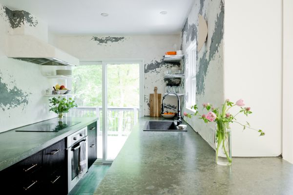 The kitchen features polished concrete countertops and black reeded custom cabinetry.