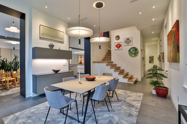 The white oak staircase is custom to the home.